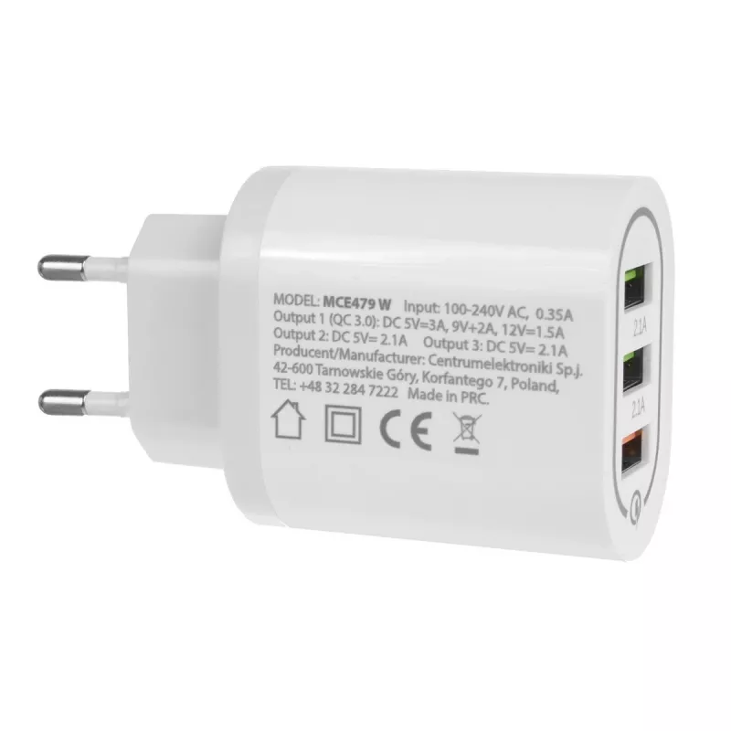 Carregador de parede MACLEAN MCE479W — carregador rápido USB de 3 portas, 18W de potência total
