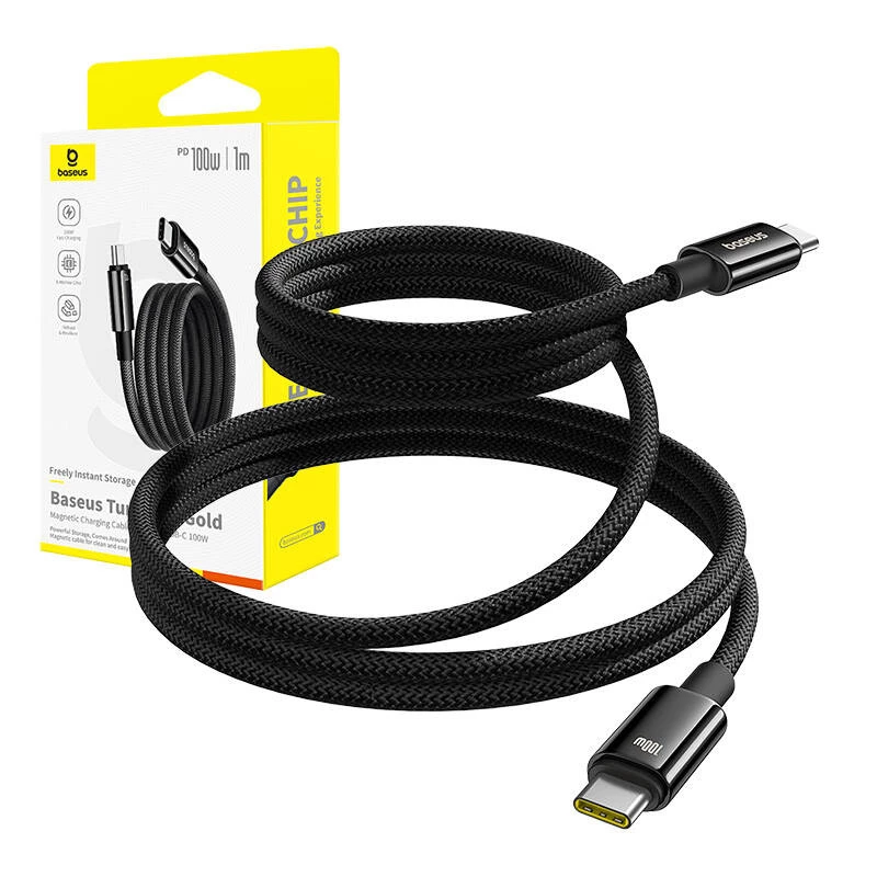 Cabo de carregamento USB-C para USB-C Baseus Tungsten Gold 100W 1 m, preto, nylon