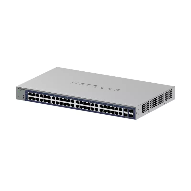 Switch Ethernet Gigabit gerido Netgear GS752TX, 48x RJ-45 10/100/1000, suporte 10G, rack 1U, cinzento