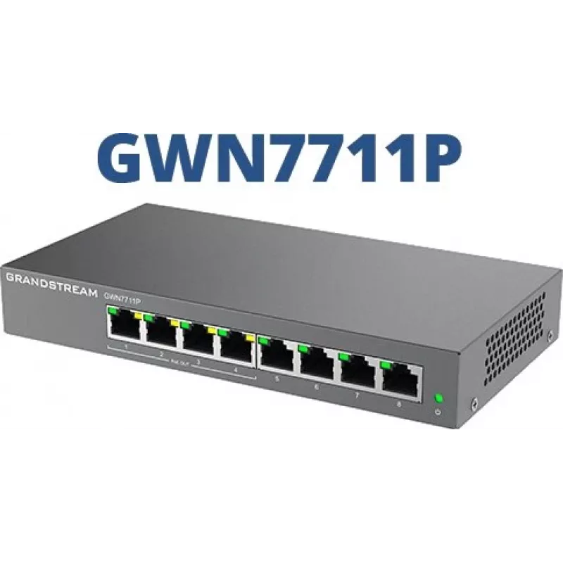 Switch de rede PoE gerido L2 Gigabit Grandstream GWN7711P — 8x RJ-45 10/100/1000, 48V DC, secretária/montagem na parede