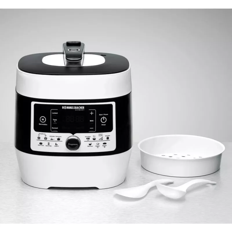 Panela de pressão elétrica Rommelsbacher MD 1000 – 4 l, 1000 W, 14 programas, branco/preto