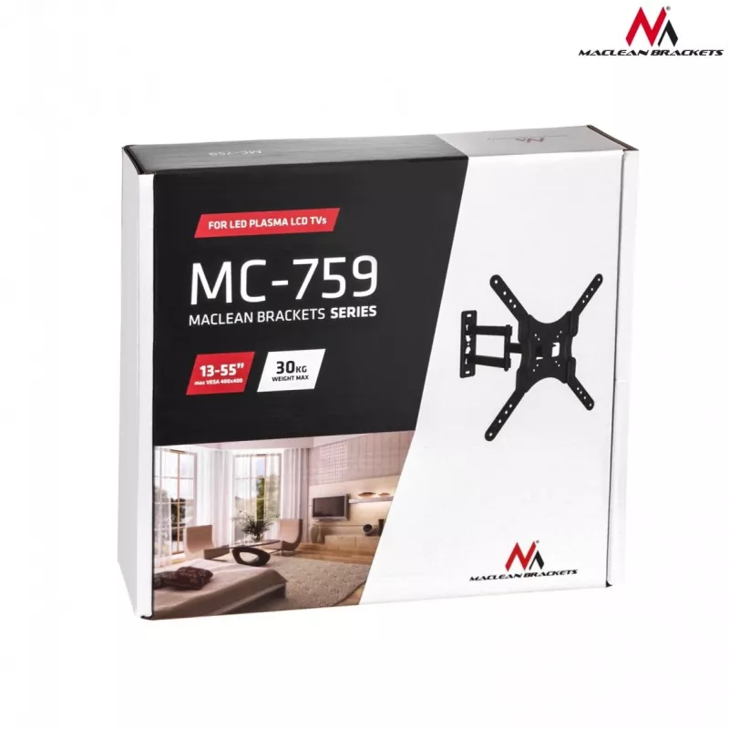 Suporte de parede para TV Maclean MC-759 para ecrãs de 13–55 polegadas, capacidade de carga 30 kg, VESA 75x75–400x400, inclinável e profundidade ajustável