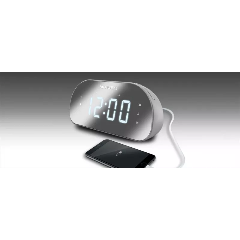 Rádio-relógio Muse M-170CMR — rádio-relógio digital, ecrã LED de 1,2 polegadas, FM, AC 230V, backup AAA, espelho/branco