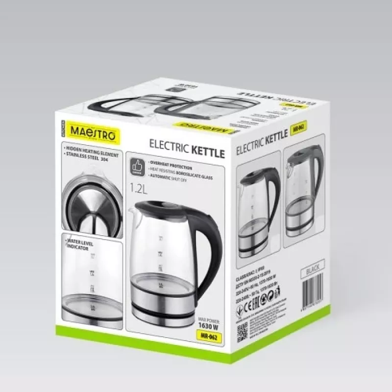 Maestro MR-062-BLACK chaleira elétrica de vidro, 1630 W, 1,2 L