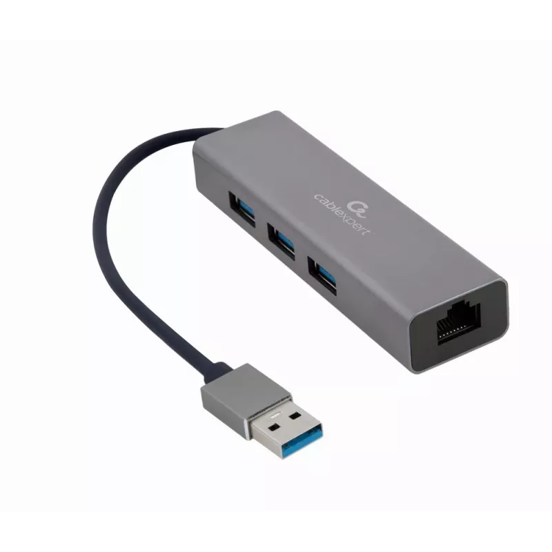 Gembird A-AMU3-LAN-01 adaptador USB-A para Gigabit LAN com hub USB 3.0 de 3 portas, preto