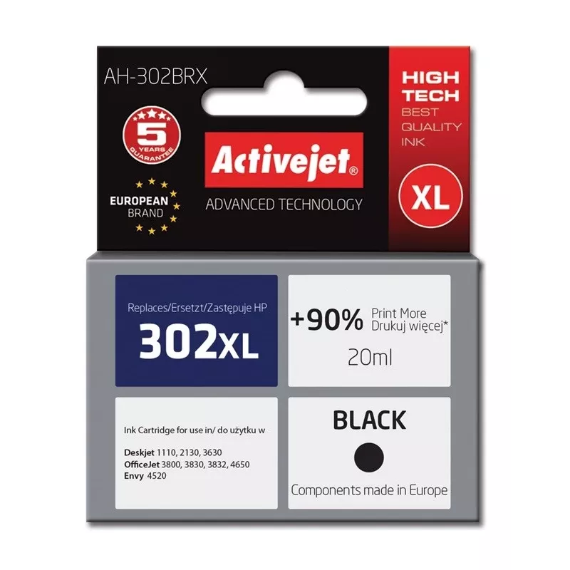 Tinteiro Activejet AH-302BRX (substituto para HP 302XL F6U68AE; Premium; 20 ml; preto)