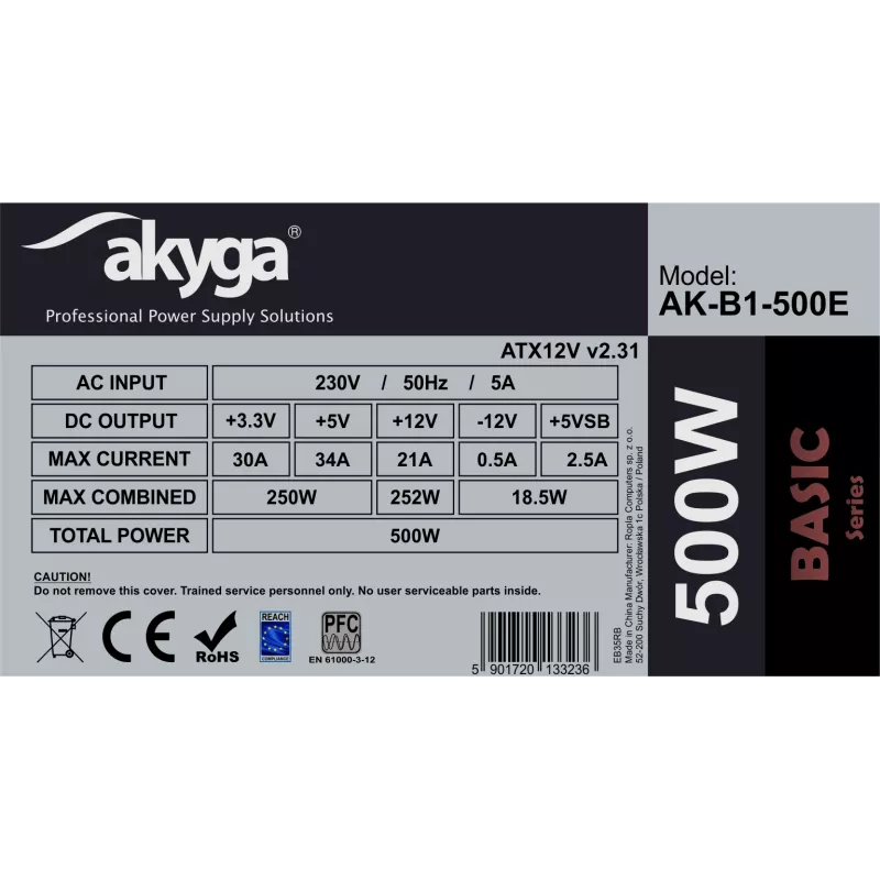 Fonte de alimentação ATX Akyga AK-B1-500E Basic 500 W, PFC passivo, ventoinha de 120 mm, cinzento