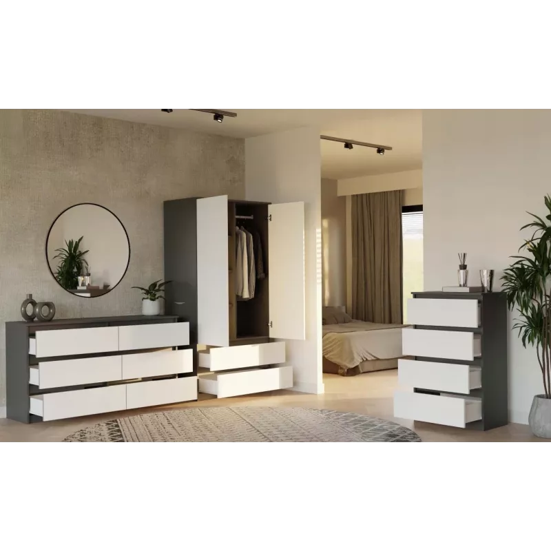 Guarda-roupa top e shop MALWA SS-90, 90×180×50 cm, estrutura antracite, portas de batente brancas, 2 gavetas, laminado 16 mm