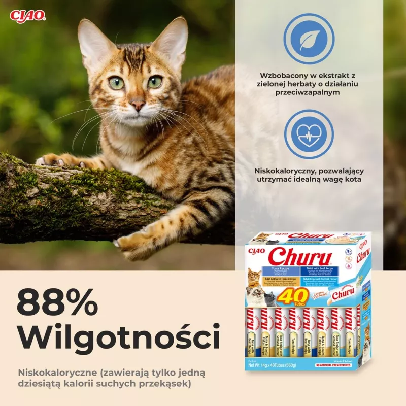 Snacks húmidos para gatos INABA Churu caixa sortida de atum com marisco — 40 x 14 g saquetas de pasta, sem cereais, sem açúcar