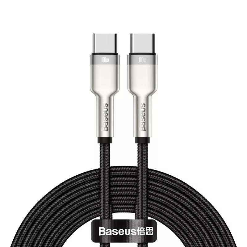 Cabo USB‑C para USB‑C Baseus Cafule Metal – 2 m, 100W de potência de carregamento, USB 2.0 (480 Mbit/s), contactos zincados, preto