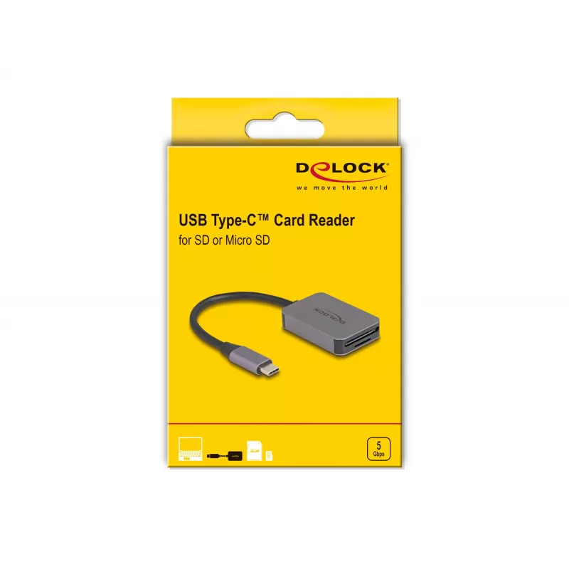 Leitor de cartões DeLOCK USB Type-C alumínio SD Micro SD 5000 Mbit/s