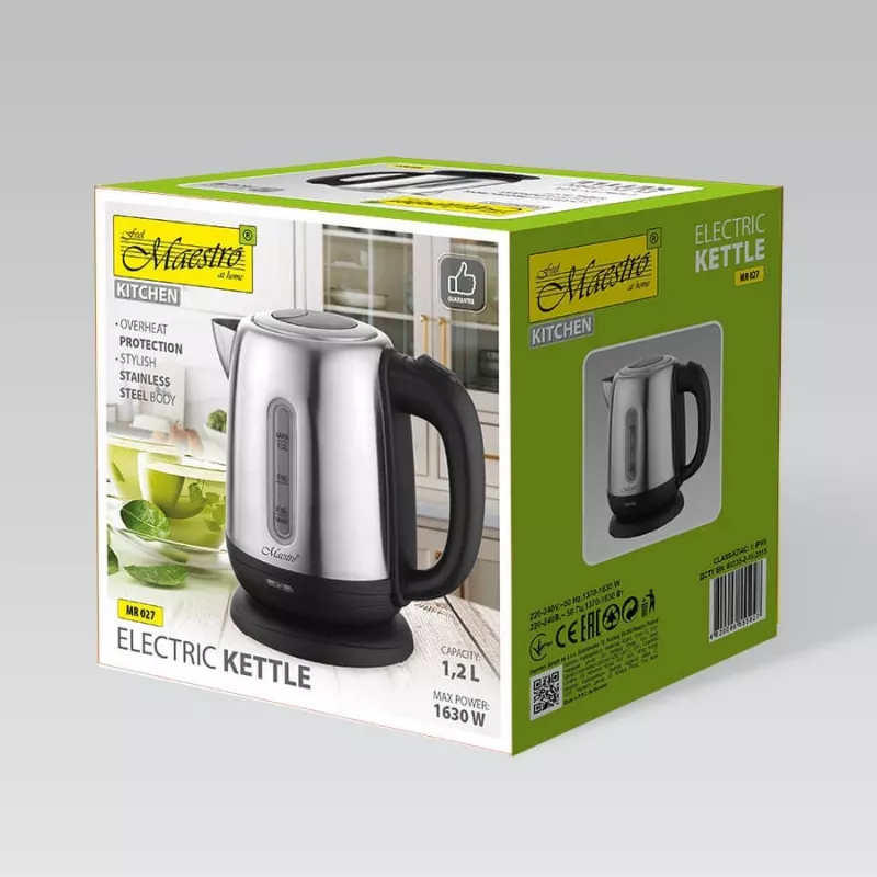 Chaleira elétrica Maestro MR-027 1,2 L 1630 W aço inoxidável, filtro antical, indicador de nível de água
