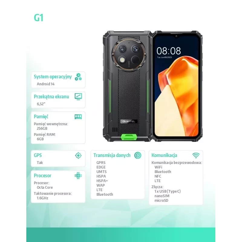Oukitel G1 6.52 6/256GB 10600 mAh DS. verde
