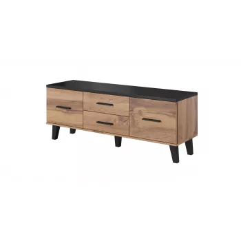 Móvel de TV Cama Meble LOTTA 140 cm — estrutura em carvalho wotan, tampo superior em aglomerado preto, 1400×400×530 mm