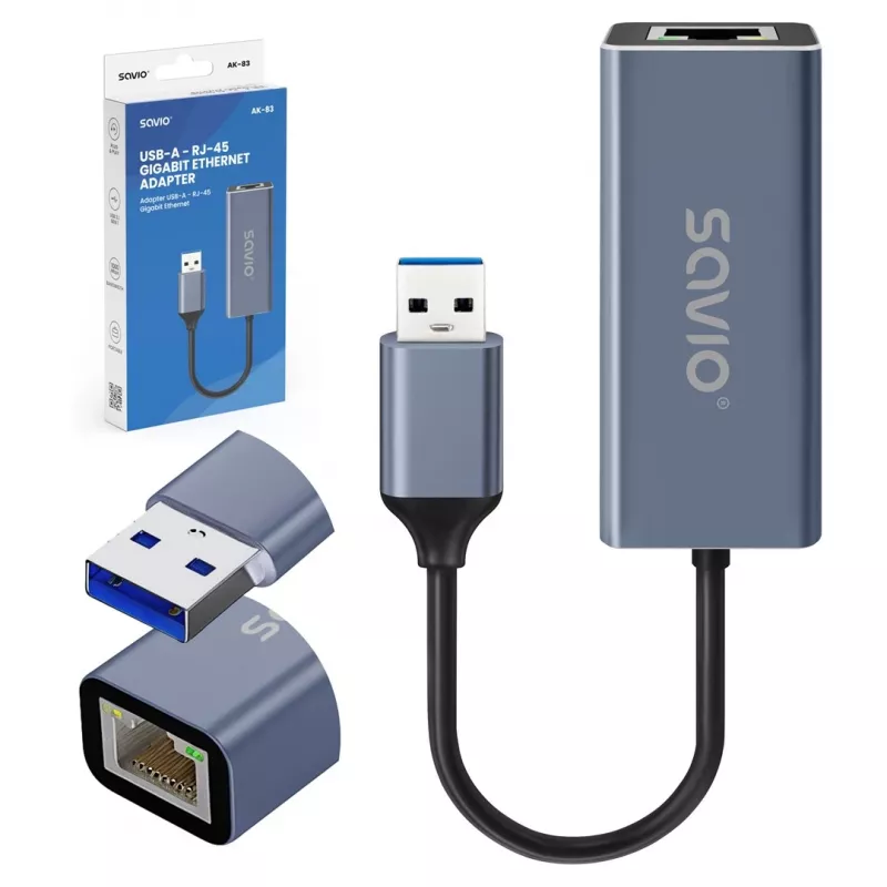 Adaptador de interface de rede SAVIO AK-83 USB Type-A para ficha RJ-45, 5 Gbit/s, preto