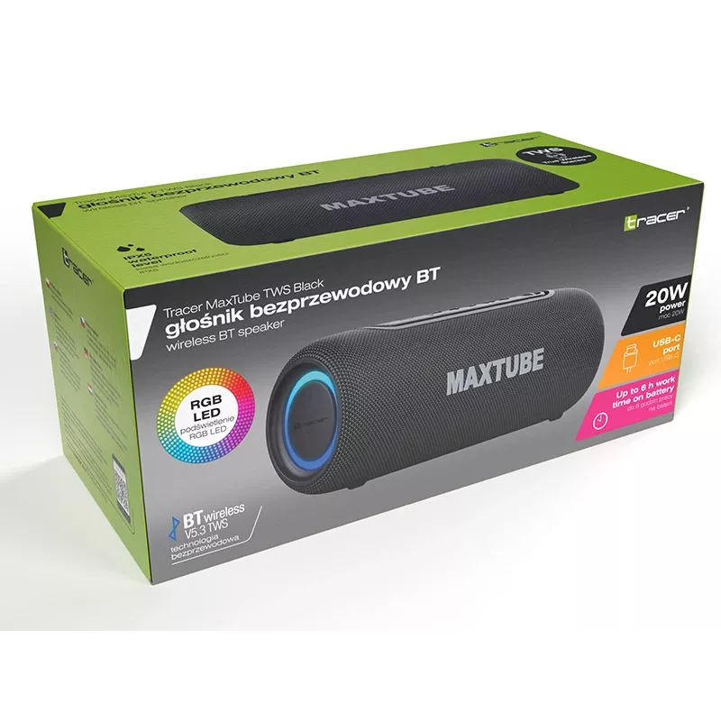Altifalante TRACER MaxTube 20W TWS Bluetooth, preto — som portátil sem fios, som estéreo