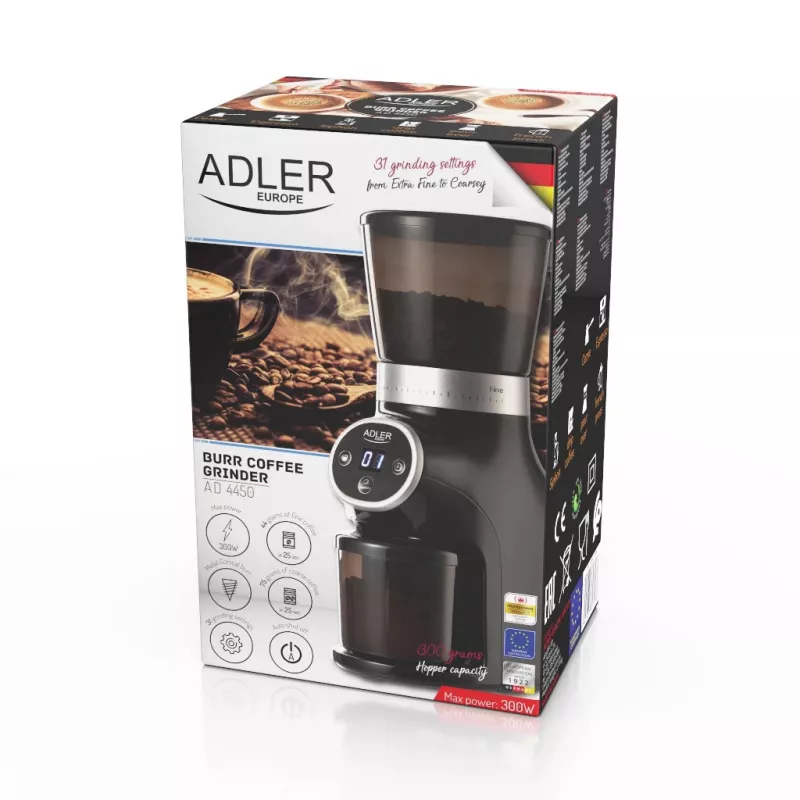 Moinho de café profissional, mós de aço, 31 definições de moagem, Café 90g/m, Adler, AD4450, 300, preto