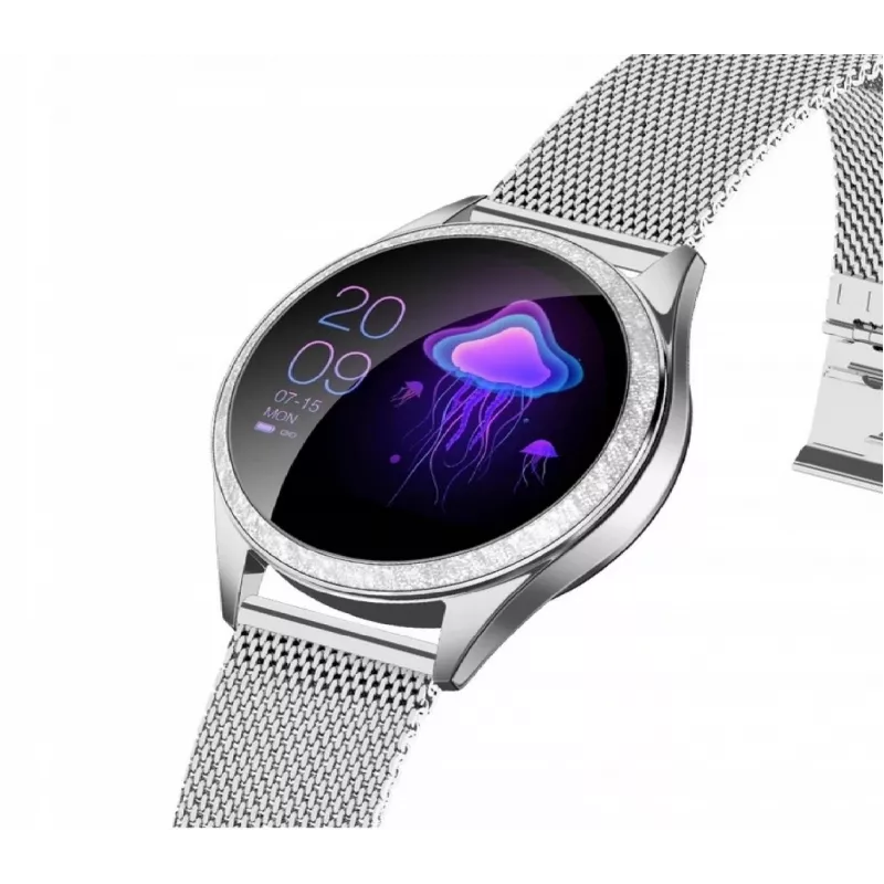 Smartwatch ORO-MED ORO-SMART CRYSTAL SILVER — caixa redonda em metal, LCD 240 × 198, ecrã de 1,04 polegadas, Bluetooth 4.0, à prova de água, bateria de 120 mAh