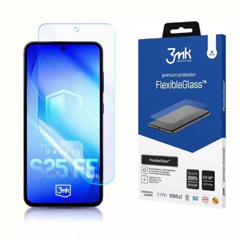 Película de proteção de ecrã em FlexibleGlass temperado 3MK para modelo Samsung Galaxy S25 FE