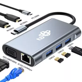 HUB 8in1 adaptador USB C HDMI x2 USB VGA RJ45 PD