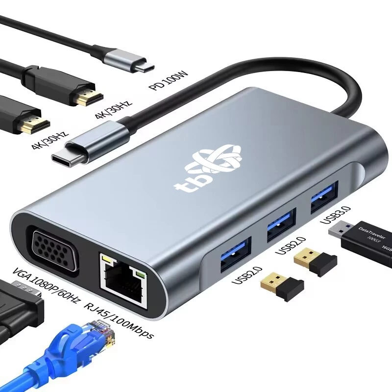 HUB 8in1 adaptador USB C HDMI x2 USB VGA RJ45 PD
