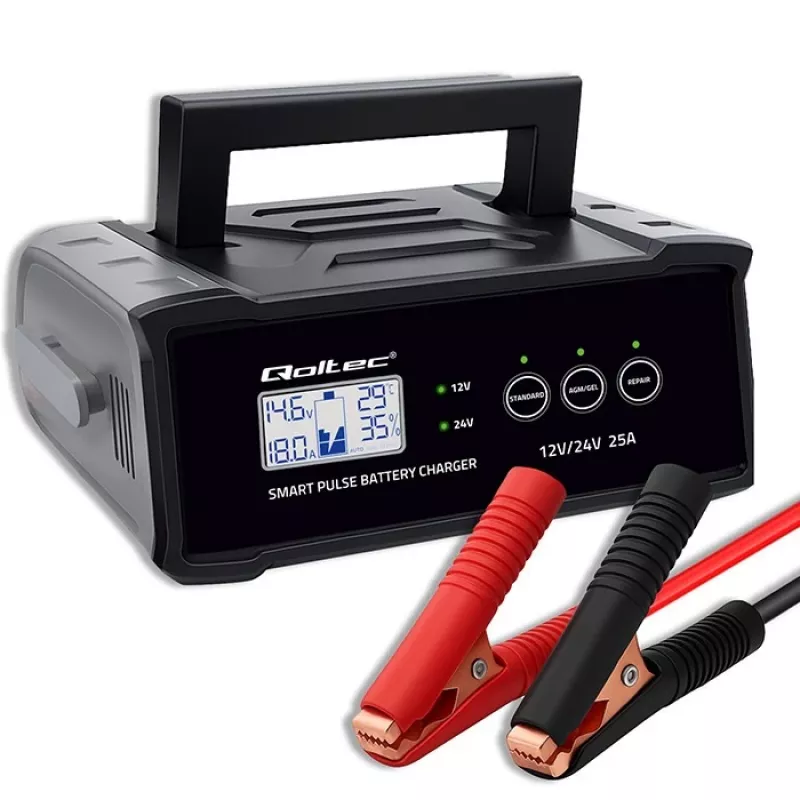 Carregador de bateria QOLTEC 52514 — 12V/24V, 25A, para baterias AGM/GEL/SLA com visor LCD
