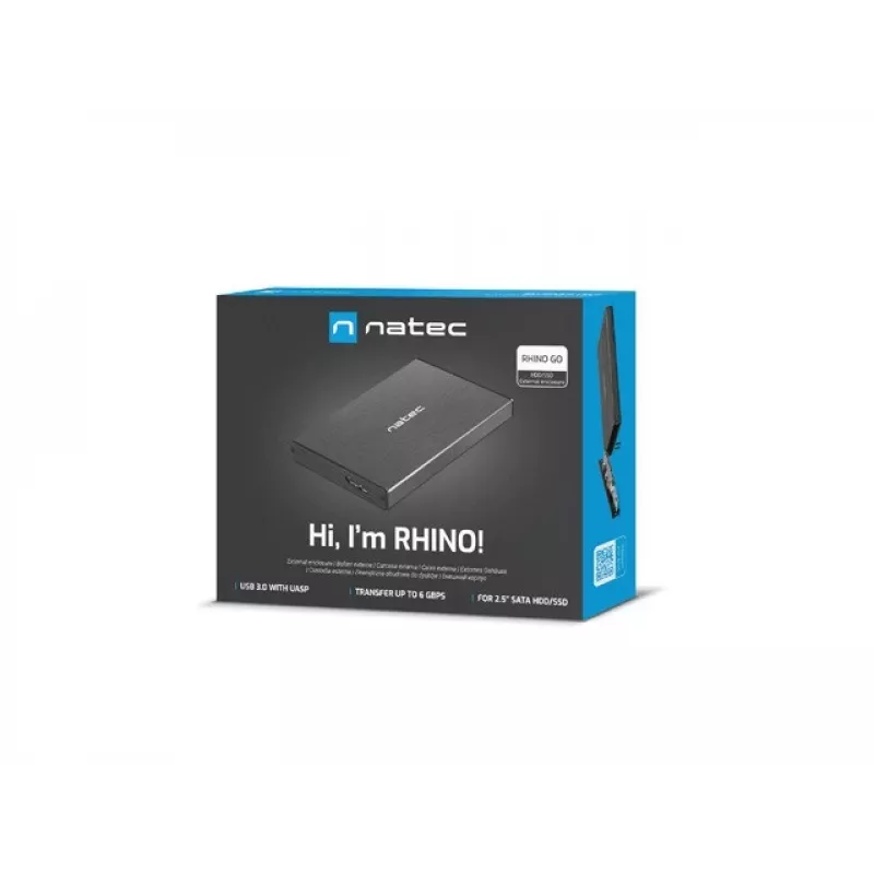 Caixa NATEC RHINO GO USB 3.0 para HDD/SSD SATA de 2,5'', preto alumínio