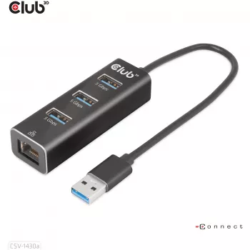 Hub USB CLUB3D USB 3.2 Gen1 Type-A com 3 portas e Gigabit Ethernet