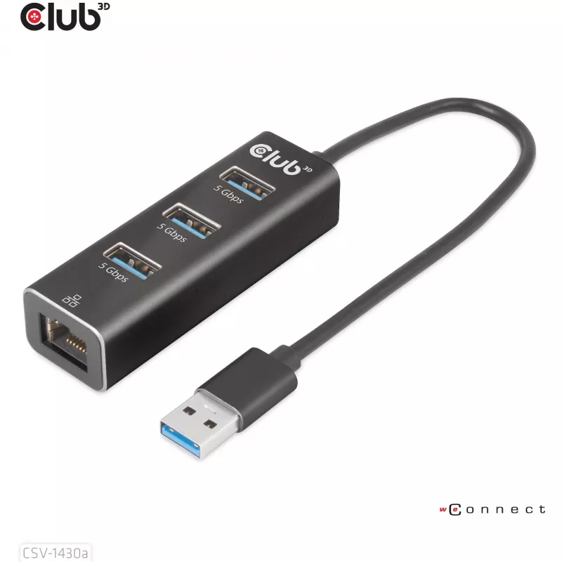 Hub USB CLUB3D USB 3.2 Gen1 Type-A com 3 portas e Gigabit Ethernet