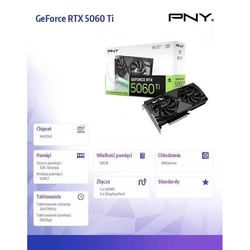 PNY GeForce RTX 5060 Ti 16GB VERTO Dual Fan Placa gráfica (VCG5060T16DFXPB1)