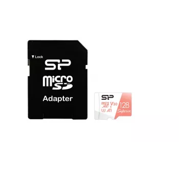 Cartão MicroSDXC Silicon Power Superior 128GB UHS‑I Class 10 U3 V30, 100/80 MB/s, branco/pêssego