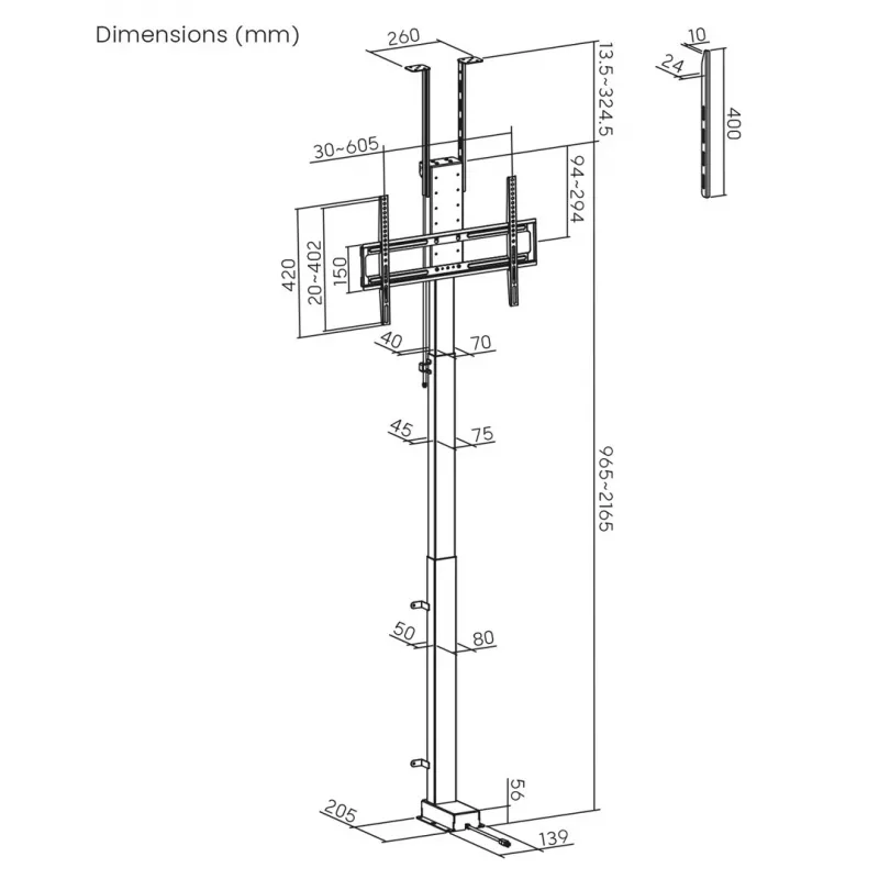 Suporte elétrico de teto/chão Maclean, extensível, 43''-88'', VESA 600x400, máx. 60 kg, 100-240 V AC, 50/60 Hz