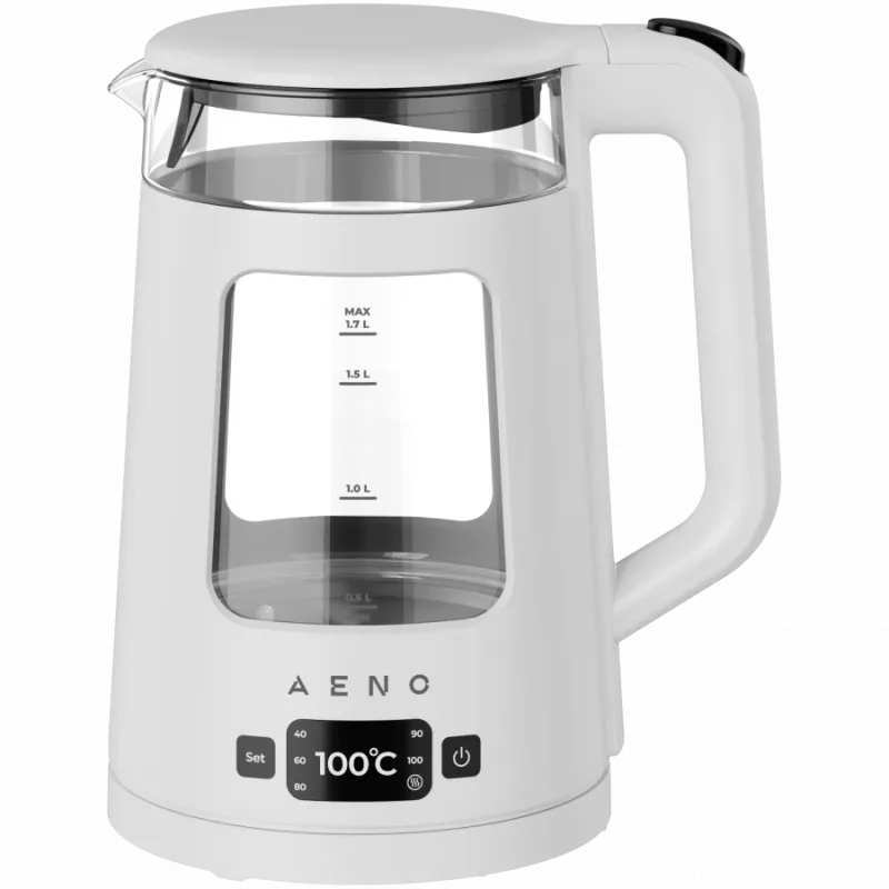 Chaleira elétrica AENO EK6: 1850-2200W, 2L, Strix, forma quadrada, tampa transparente, vidro altamente resistente, iluminação LED, desligamento automático, proteção contra funcionamento a seco