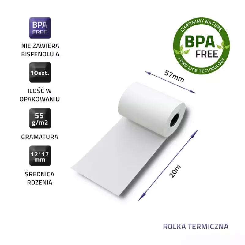 Qoltec 51896 rolo de papel térmico 57 x 20, 55 g/m², sem BPA, 10 unid.