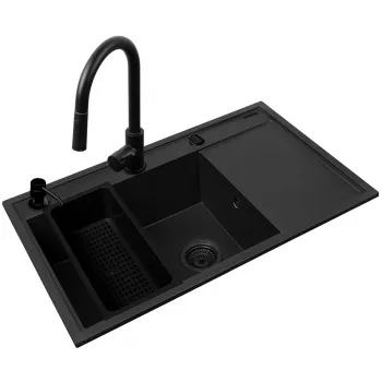 Conjunto de lava-loiça PYRAMIS CAMEA 79x50 1B 1D L com misturadora IDEA Black EDITION, granito, 79×50×19 cm, 1 cuba 49×38×19 cm