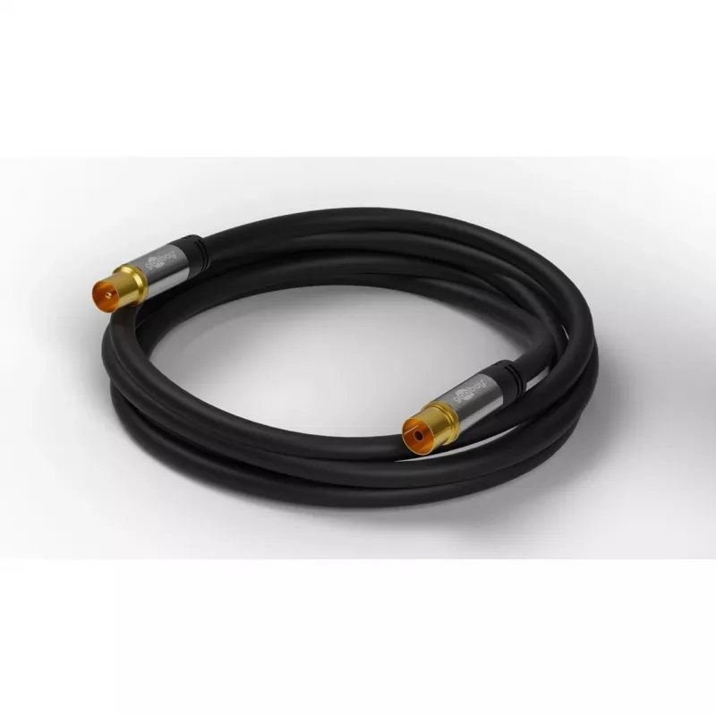 Cabo de antena de TV Goobay (tipo 135 dB), blindagem quádrupla, 5 m, preto – banhado a ouro, conector fêmea coaxial > ficha coaxial (70384)