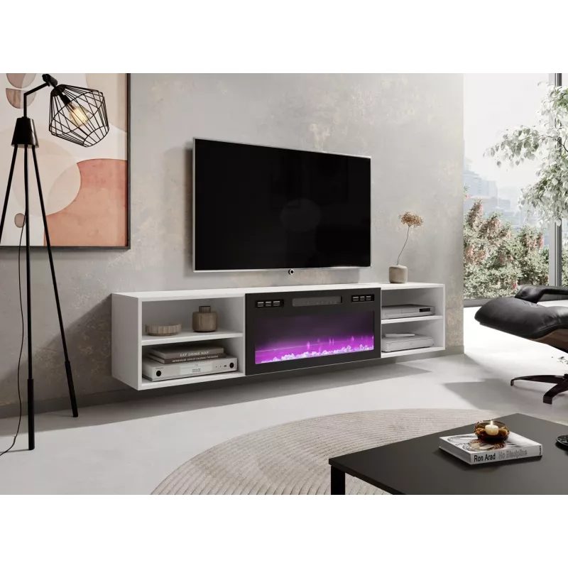 Móvel de TV cama meble POLO 180x33x39 cm com lareira elétrica 1400–1600 W, laminado, branco/preto