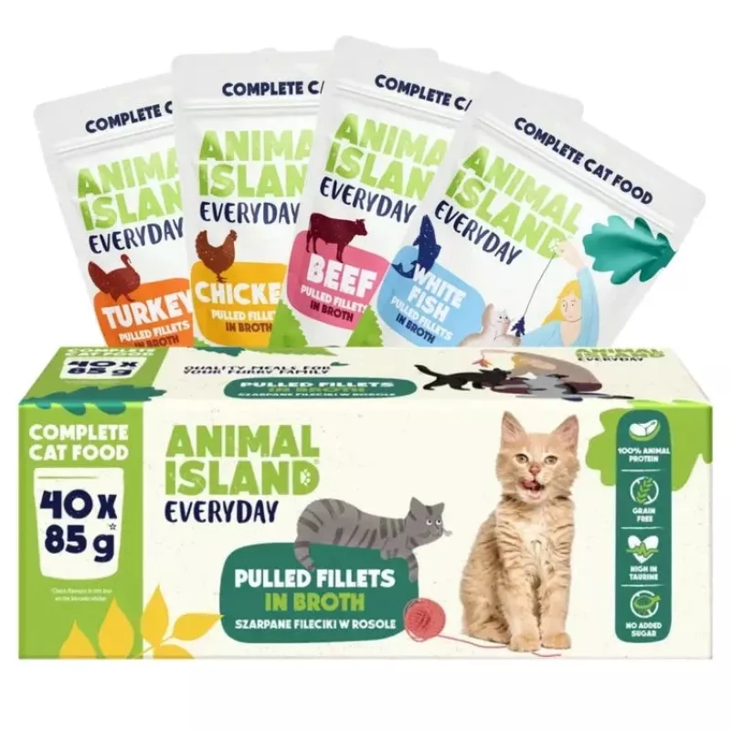 Alimento húmido para gatos animal island Everyday — Filetes de vaca, frango, peru e peixe branco em caldo, 40 x 85 g saquetas