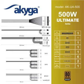 Akyga Ultimate AK-U4-500 fonte de alimentação ATX 500 W, 80 PLUS Bronze, PFC ativo, ventoinha de 120 mm