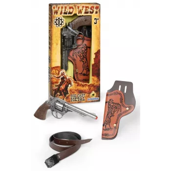 Revólver de cowboy de brinquedo em metal Pulio 155201/0 com coldre – um tiro, réplica, construção em metal