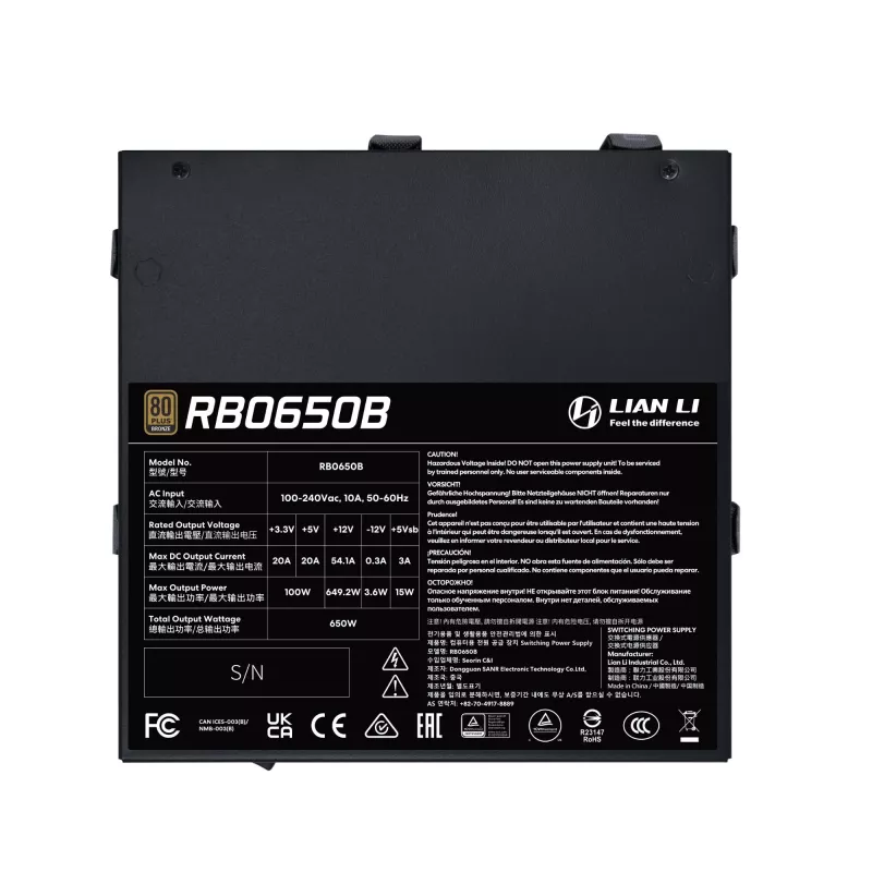 Fonte de alimentação Lian Li RB0650B.B 650 W ATX 24 pinos, 80 PLUS Bronze, ventoinha de 135 mm, preto