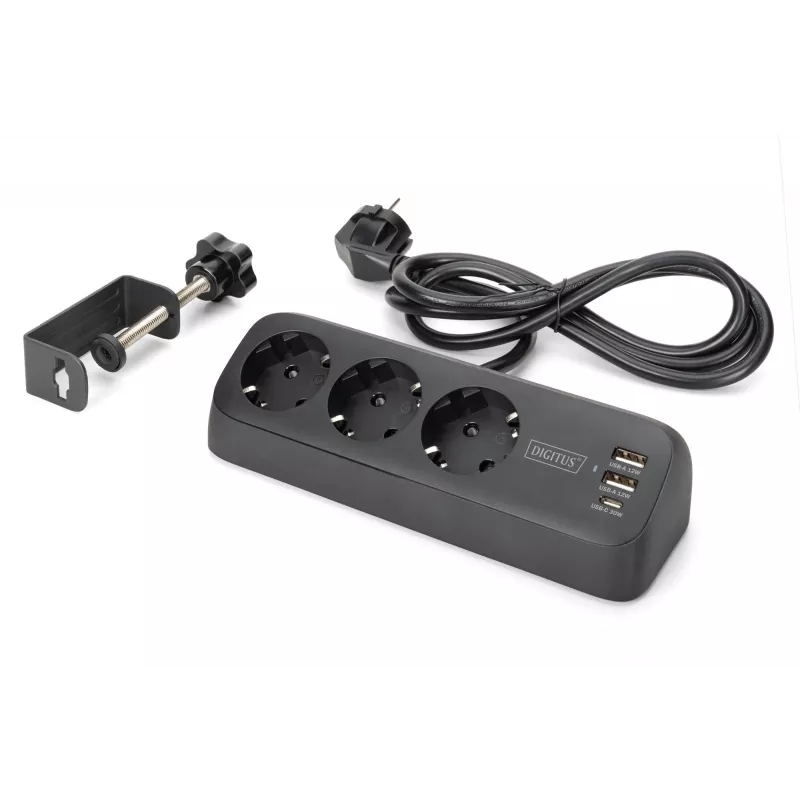 Extensão elétrica DIGITUS 3 tomadas com 2×USB-A & 1×USB-C, 3 tomadas AC tipo E/F, cabo de 1,5 m, preto