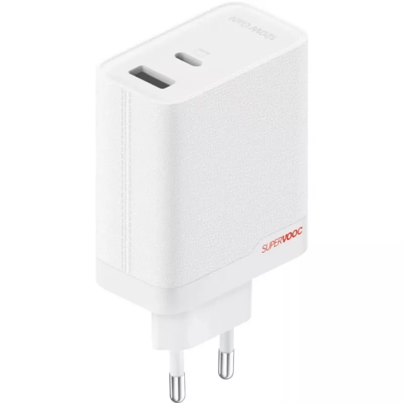 Fonte de alimentação ONEPLUS SUPERVOOC 120W carregador com cabo dual-port, 120 W de potência total, 1x USB-C + 1x USB-A, 100–240 V, 145 g, branco