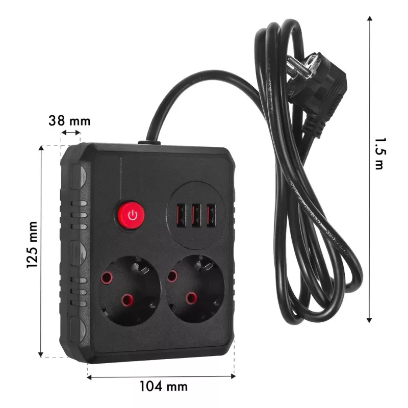 Extensão elétrica MACLEAN MCE387 B — 2 tomadas, 3×USB A, 110–240 V, cabo de 1,5 m, máx. 2500 W