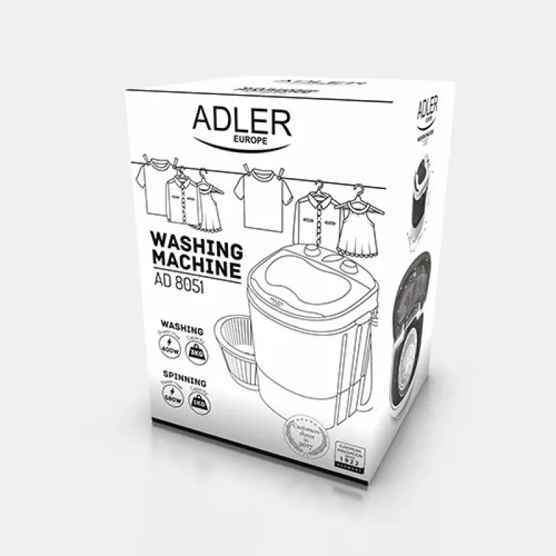 Adler AD 8051 máquina de lavar roupa de carga superior 3 kg com centrifugação, semiautomática, largura 38 cm, profundidade 37 cm, branco/azul