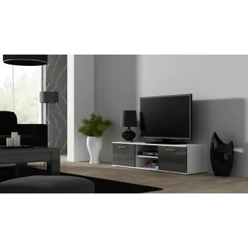 Suporte de TV cama meble SOHO 140 — 1400×430×370 mm, tampo branco, aglomerado, estrutura branca, branco/cinzento brilhante