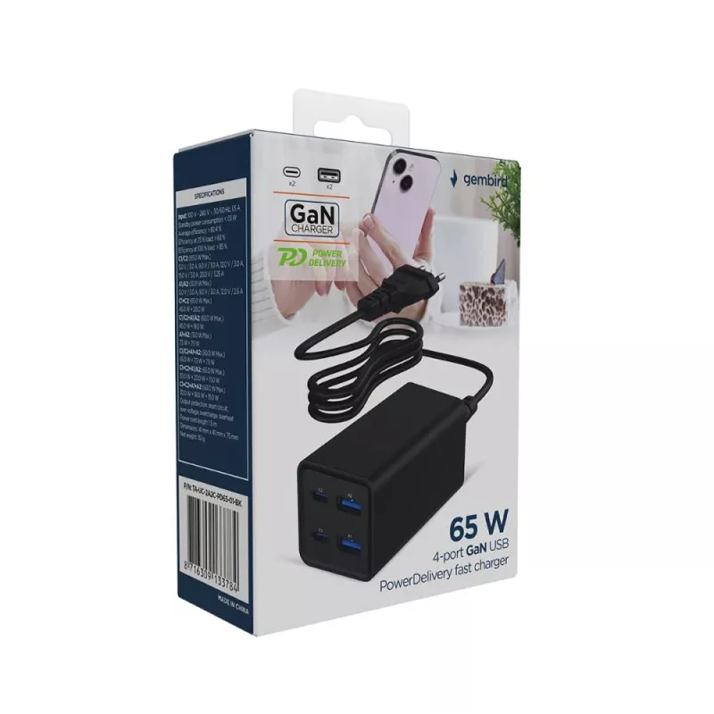 Gembird TA-UC-2A2C-PD65-01-BK Carregador para dispositivos móveis portátil, smartphone preto AC carregamento rápido interior