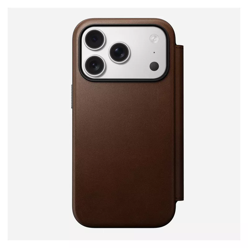 Capa de pele tipo carteira para telemóvel Nomad Modern Leather Folio para iPhone 17 Pro – castanha, compatível com 6,3 polegadas (16 cm), 4 compartimentos para cartões
