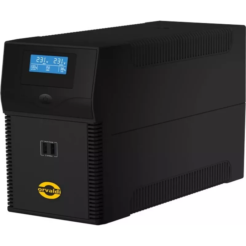 Fonte de alimentação ininterrupta ORVALDI ID2K0CH Line-Interactive 2 kVA / 1200 W, 24 V, baterias de 9 Ah, LCD, USB, compacto preto