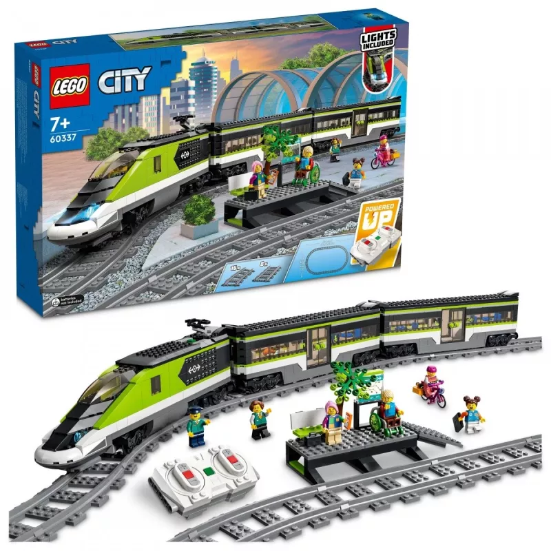 LEGO 60337 City Comboio de passageiros expresso Conjunto brinquedo telecomandado presente para crianças rapazes e raparigas com faróis funcionais 2 vagões e 24 peças de via